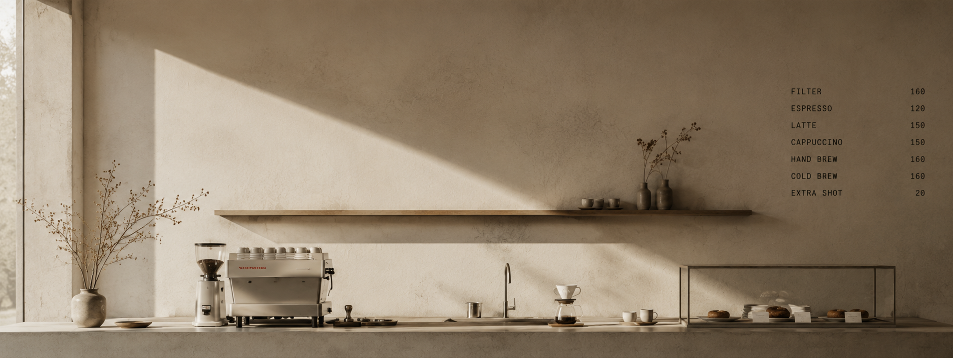 Espresso bar counter in warm morning light, menu typeset on the wall